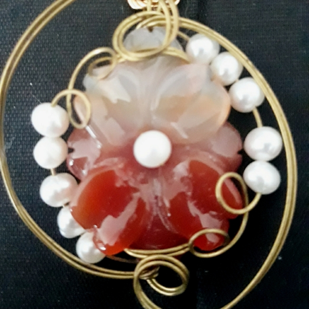 Vintage Carved Carnelian and Pearl Flower Pendant + Monet Chunky Gold Tone Chain - Picture 2 of 14